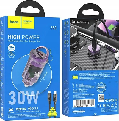 Karikues makine Hoco Z53, 30W PD, USB‑C me kabllo Type‑C në Lightning, vjollcë