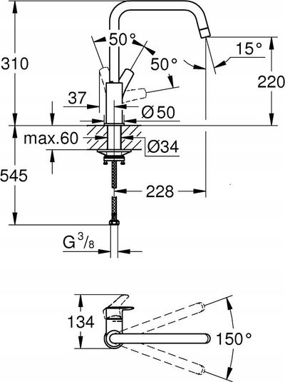 Rubinet lavamani Grohe Eurosmart 305672430, gryke e naltë 150°, matt black