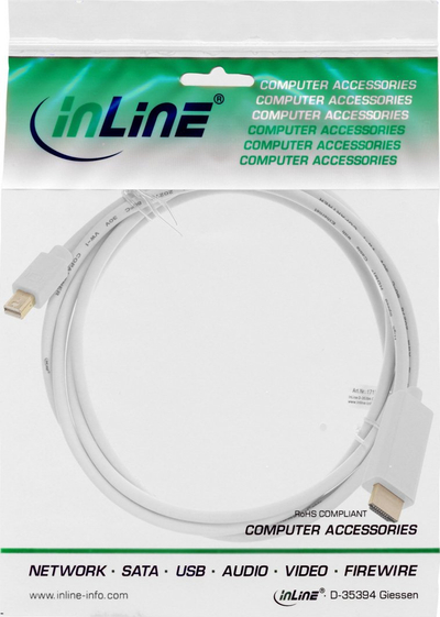 Kabllo InLine Mini DisplayPort në HDMI 17171I, 1m, 4K, e bardhë