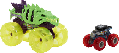 Set pistë lodër Hot Wheels Monster Trucks HXT05 Charge and Chase, me kamionë Skelesaurus dhe Bone Shaker, jeshile