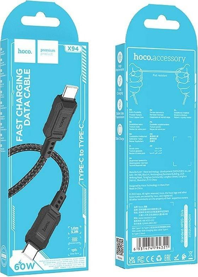 Kabllo USB C Hoco X94 Leader, Power Delivery 60W, 1m, e zezë