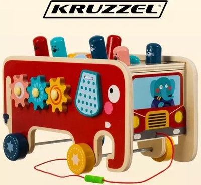 Lodër druri me çekiç Kruzzel Wooden Elephant 20349, edukative, shumëngjyrëshe