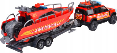 Set lodrash Majorette Land Rover Fire Rescue, varkë me rimorkio, me dritë edhe zë, i kuq