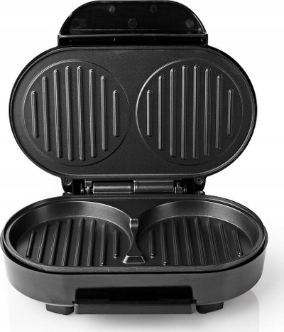 Grill elektrik për hamburgera Nedis KAAJ110FBK, 1000W, pllaka jo-ngjitëse, i zi argjendtë