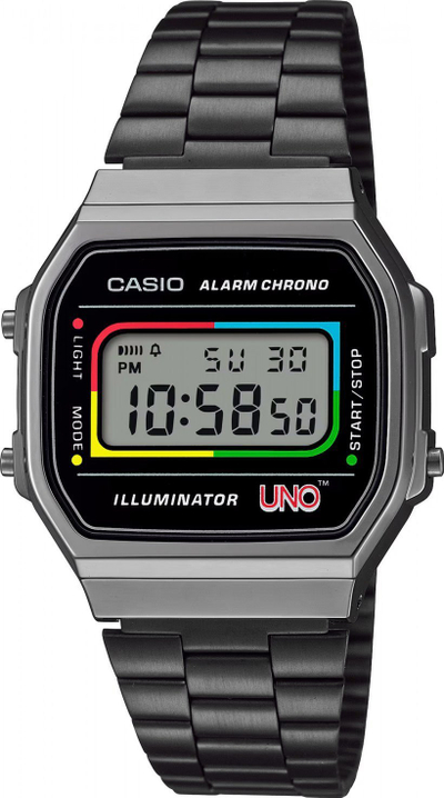 Ora dore Casio A168WEUC-1AER UNO, Blue Illuminator, rezistente ndaj ujit, e zezë