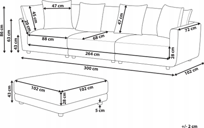 Divan Beliani Sigtuna, 3 vende me ottoman, stof poliestër, bezhë e çelët