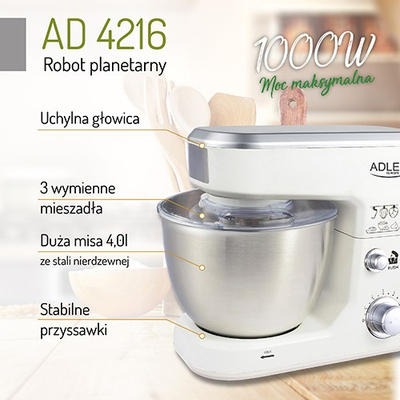 Mikser planetar Adler AD 4216, 4L, 6 shpejtësi, i bardhë