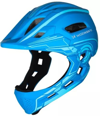 Helmeta për biçikletë për fëmijë Wozinsky Fullface HT-27N, 52-56 cm, dritë LED USB, blu