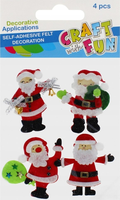 Ornamente zbukurimi Craft with Fun Santa Claus, filt me ngjitje vetë, set 4 copë, me shumë ngjyra