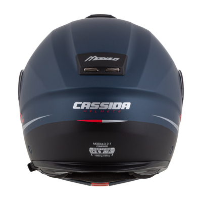Kaskë moto CASSIDA Modulo 2.1 Compass 2026, flip up, Pinlock ready, blu mat perlë e zezë argjendtë e kuqe