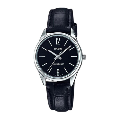 Ore dore Casio LTP-V005L-1BUDF, analoge, për femra, rrip lëkure, e zezë