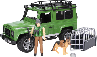 Set lodrash Bruder 02587 Land Rover Defender, makinë terreni me roje pylli dhe qen, jeshile