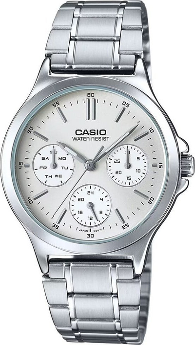 Orë dore Casio LTP-V300D-7A, multifunksione, çelik inoks, argjend, ciferblat i bardhë