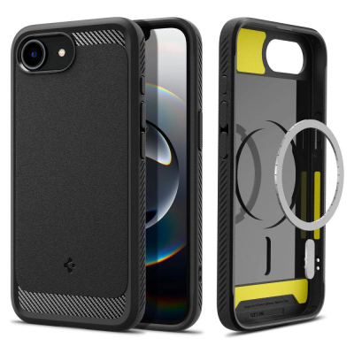 Këllëf telefoni Spigen Rugged Armor MagSafe për iPhone 16e, TPU, i zi mat