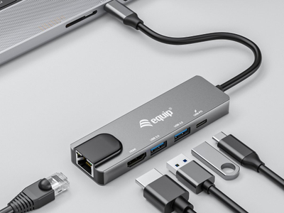 Adaptor USB C Equip 133489 5 në 1, HDMI, Gigabit LAN, 100W USB PD, gri