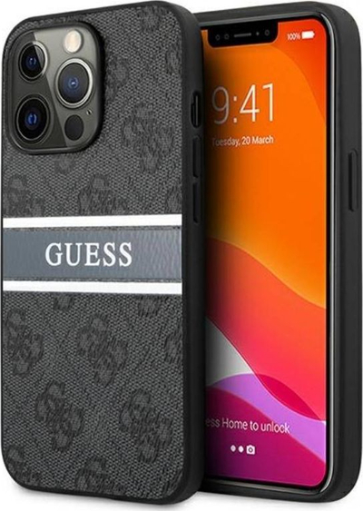 Kapotë telefoni Guess 4G Stripe Logo, për iPhone 13 Pro Max, lëkurë artificiale, gri