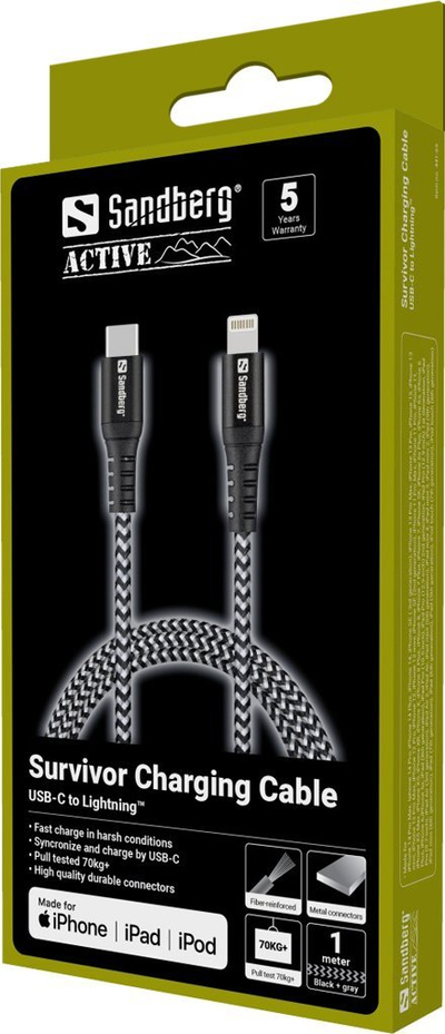 Kabllo Sandberg Survivor USB C PD Lightning, 1m, karikim i shpejtë, i zi
