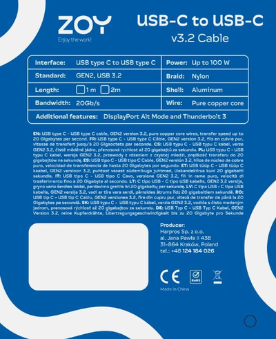 Kabllo ZOY USB-C në USB-C, 1m, e zezë/e argjendtë