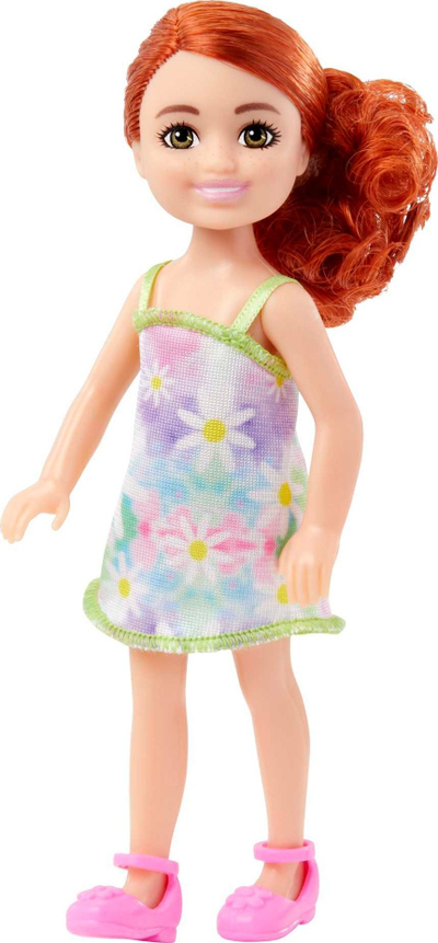 Kukull Barbie Chelsea flokkuqe, 15 cm, me fustan me lule, shumëngjyrëshe