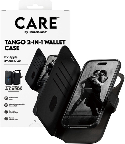 Kapak telefoni PanzerGlass Feature Case Tango, me portofol dy në një, MagSafe, për iPhone Air, i zi