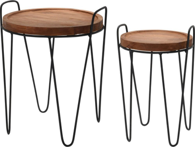 Set tavolina anësore Home Styling Collection, 2 copë, dru teak, kornizë metalike e zezë