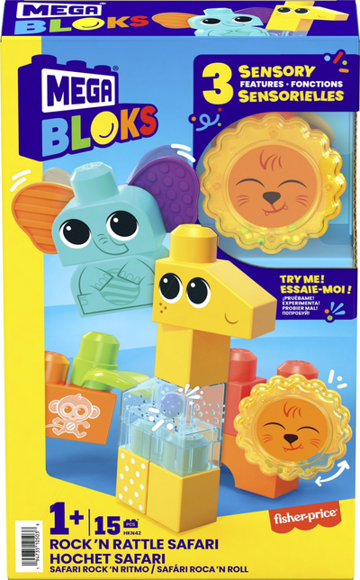 Set ndërtimi Mega Bloks Rock N Rattle Safari, 15 copa, për kalama 1+, shumëngjyrësh