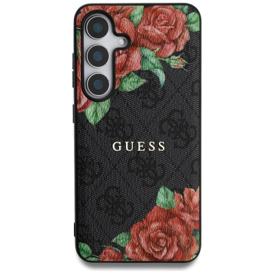Kapak telefoni Guess Leather 4G Flowers për Samsung Galaxy S25, MagSafe, i zi me lule