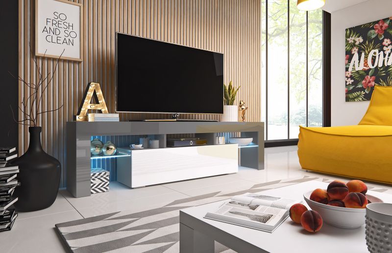 Komodë TV Cama Meble Toro 158, trup gri, fronte të bardha me shkëlqim