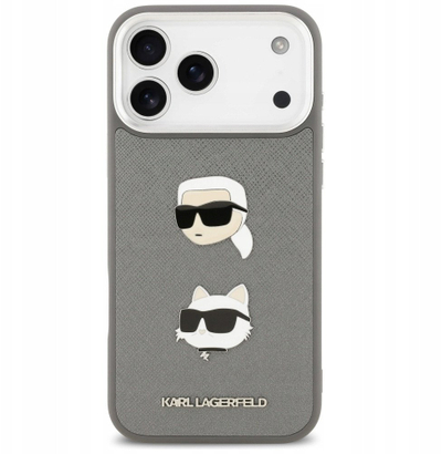 Mbulesë telefoni Karl Lagerfeld FW Grained Karl & Choupette për iPhone 17 Pro Max, plastike, gri