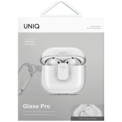 Kuti mbrojtëse Uniq Glase Pro për AirPods 4, TPU i butë, me karabinë, transparente