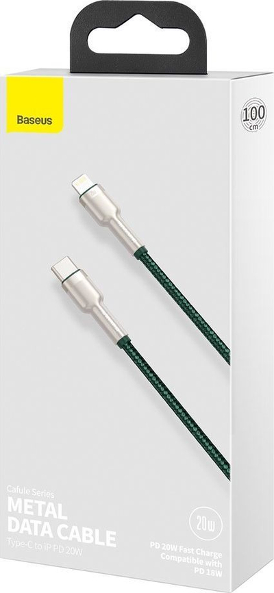 Kabllo karikimi Baseus Cafule Metal, USB C në Lightning, 20W, 1m, jeshile e errët