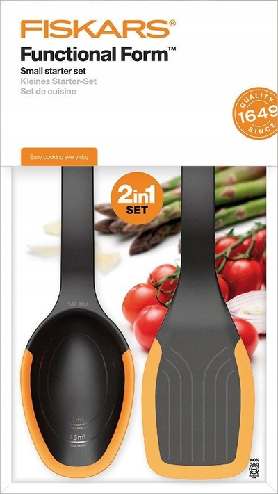 Set aksesorësh kuzhine Fiskars Functional Form 1027307, lugë dhe shpatull silikoni, i zi portokalli