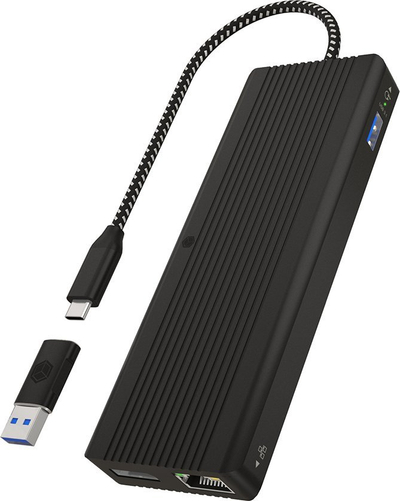Dok stacion IcyBox 9 në 1 me USB Type C edhe Type A, 2 dalje video 4K, Power Delivery 100W, ngjyrë e zezë