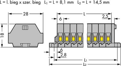 Terminal elektrik Wago 261-106, 2 përcjellës, 2.5mm², 6 pole, gri