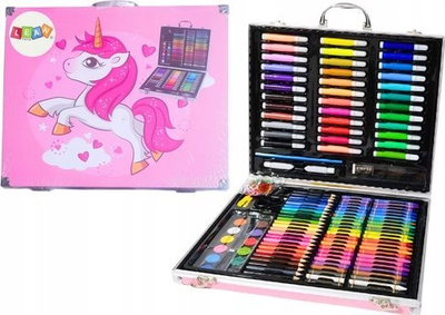 Set artistik për kalama me unicorn, 150 pjesë, në valixhe, rozë