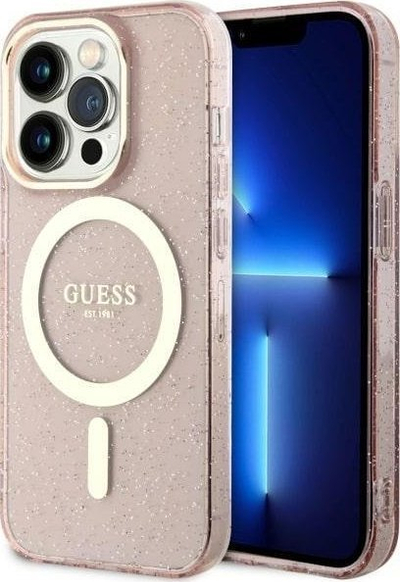 Mbështjellës telefoni Guess GUHMP14LHCMCGP për iPhone 14 Pro, MagSafe, me shkëlqim, rozë