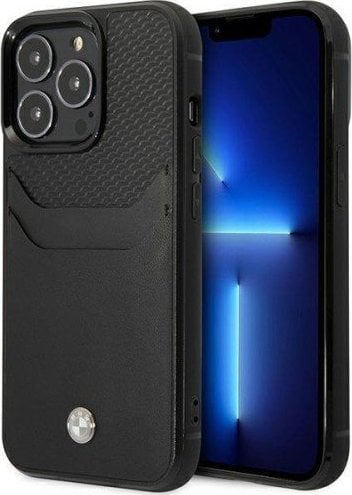 Kapak telefoni BMW BMHCP14L22RSEPK për iPhone 14 Pro, lëkurë, me xhep për kartela, i zi