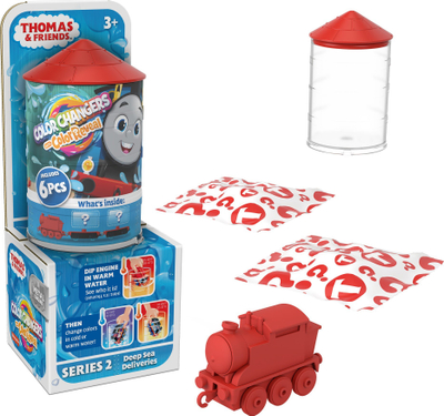Set lodrash tren Thomas &amp; Friends Mystery Color Reveal, 2 lokomotiva, me vagona, shumëngjyrëshe