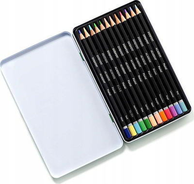Set lapsash me ngjyra pastel Derwent Academy 2306022, 12 copë, kuti metalike, e zezë