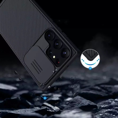 Mbrojtës telefoni Nillkin CamShield Pro për Samsung Galaxy S23 Ultra, kapak që rrëshqet te kamera, TPU i fortë, i zi