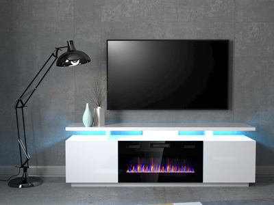 Komodë TV Bed Meble Eva, oxhak elektrik, 180x40x52cm, e bardhë me shkëlqim