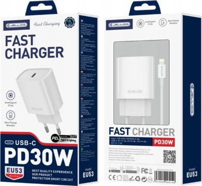 Karikues muri JELLICO EU53, 30W PD, USB C me kabllo USB C Lightning, i bardhë