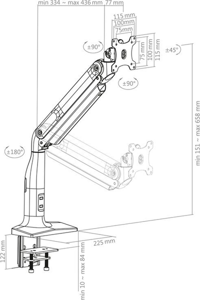 Krah monitori HAGOR HA, 17-43", me sustë gazi, VESA 75x75 100x100, i zi
