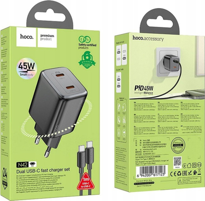 Karikues me kabllo HOCO N42 GaN, 45W, 2x USB C PD QC, i zi
