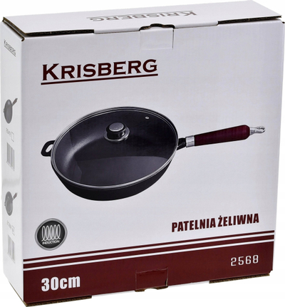 Tiganë gize KRISBERG Cast Iron 30cm, me kapak, dorezë druri, i zi