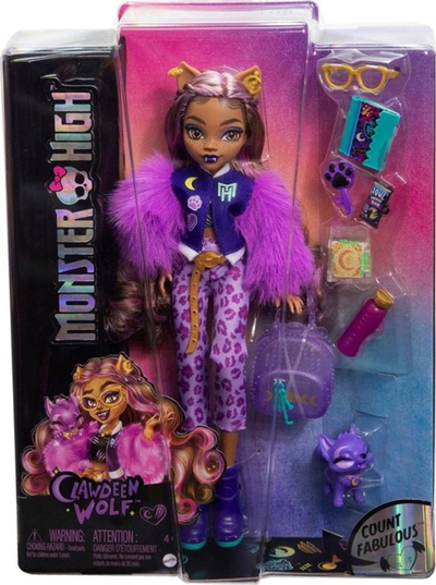 Kukull Monster High Clawdeen Wolf, me aksesorë, e purpurt