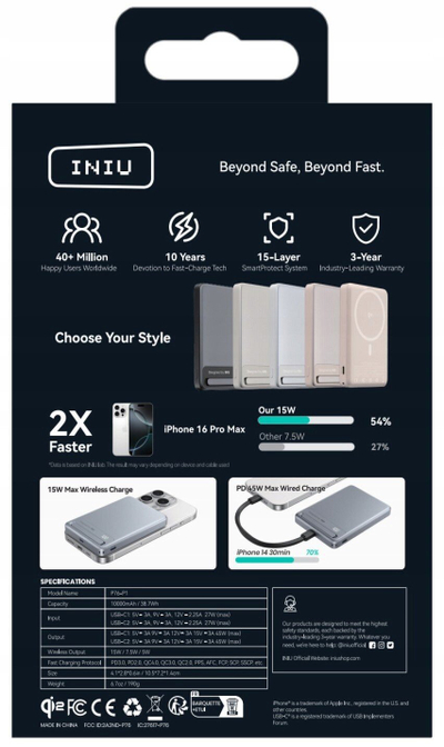 Power bankë magnetike INIU Qi2, 10000mAh, karikim pa tel 15W, argjendtë