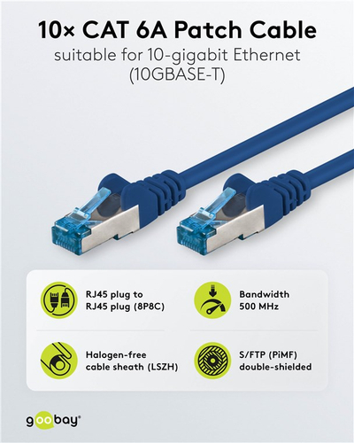 Kabllo rrjeti Goobay CAT 6A Patch, S/FTP, 2 m, set 10 copë, blu