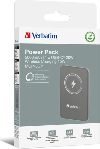 Bateri e jashtme Verbatim Charge 'n' Go, 5000mAh, karikim wireless me magnet, gri