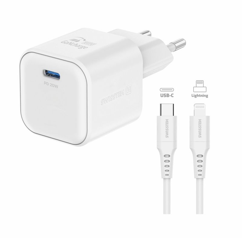 Karikues SWISSTEN GaN, 1x USB-C 20W PD, me kabllo Type-C/Lightning, i bardhë